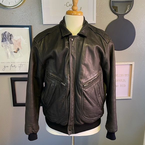 Chevignon Paris Vintage Black Thick Leather Bomber Aviator Coat - Picture 17 of 17
